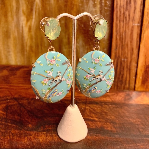 Birds in Dogwood Tree Oval Cameo Style Dangling Post Earrings - Picture 1 of 6